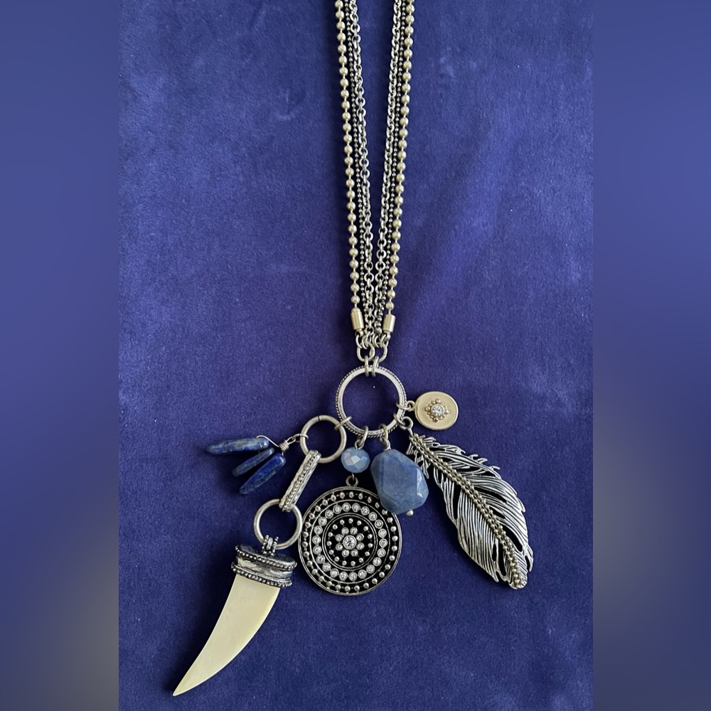 Chicos Boho Charm Necklace /Blue Silver/Gold Accents Can be 13” toggled or 23”